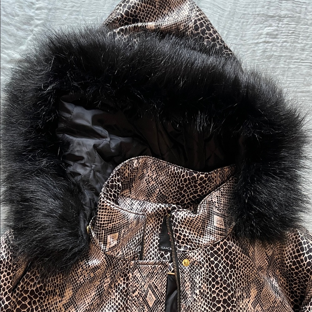 Isaac Mizrahi Brown Snake Print Jacket with Black Fur Trim